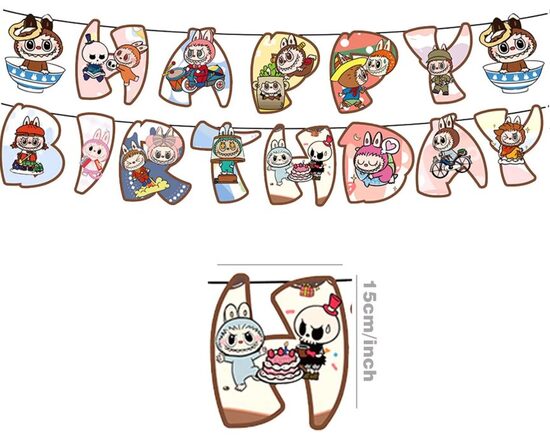 Papīra virtene Labubu "HAPPY BIRTHDAY", 150 cm